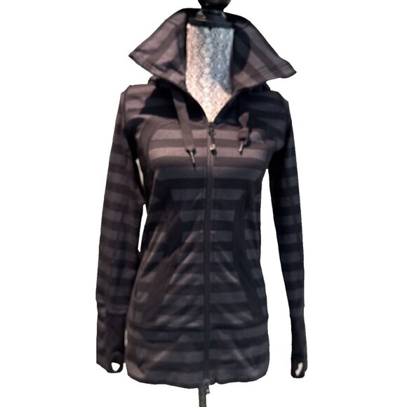 Lululemon Stride Jacket Full Zip Hoodie Black Grey Macro Stripe size 6 pockets - Picture 1 of 12